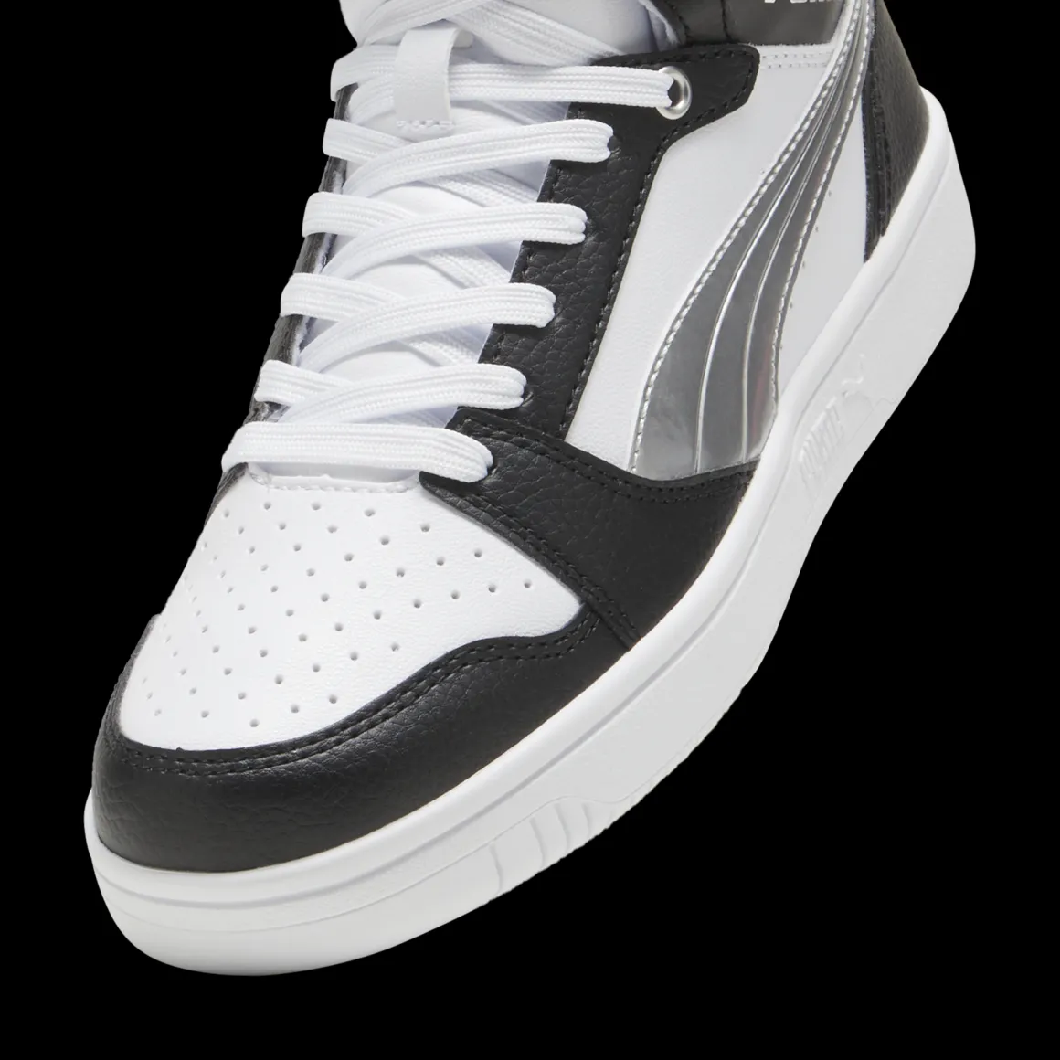 Sneakers alte da donna bianche e nere con dettaglio argento e logo Puma Rebound V6 Metallic Dream
