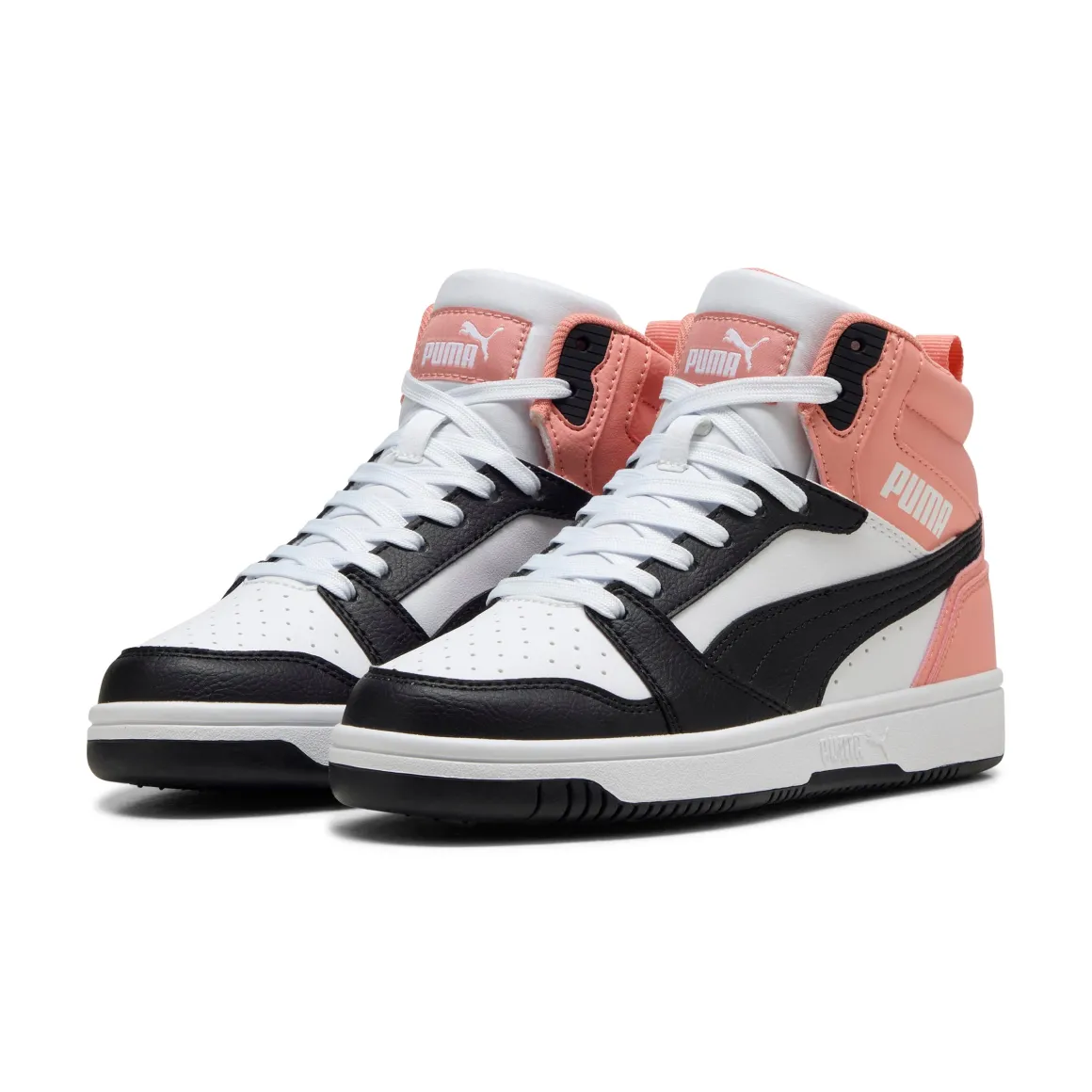 Sneakers alte da ragazza bianche con inserti neri e rosa Puma Rebound V6 Mid