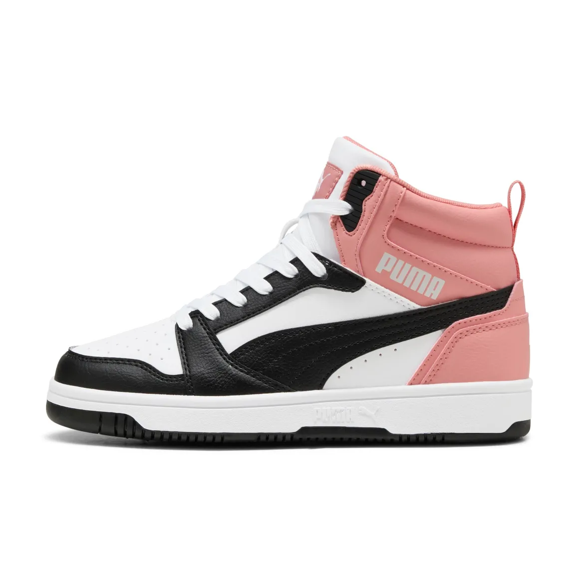 Sneakers alte da ragazza bianche con inserti neri e rosa Puma Rebound V6 Mid
