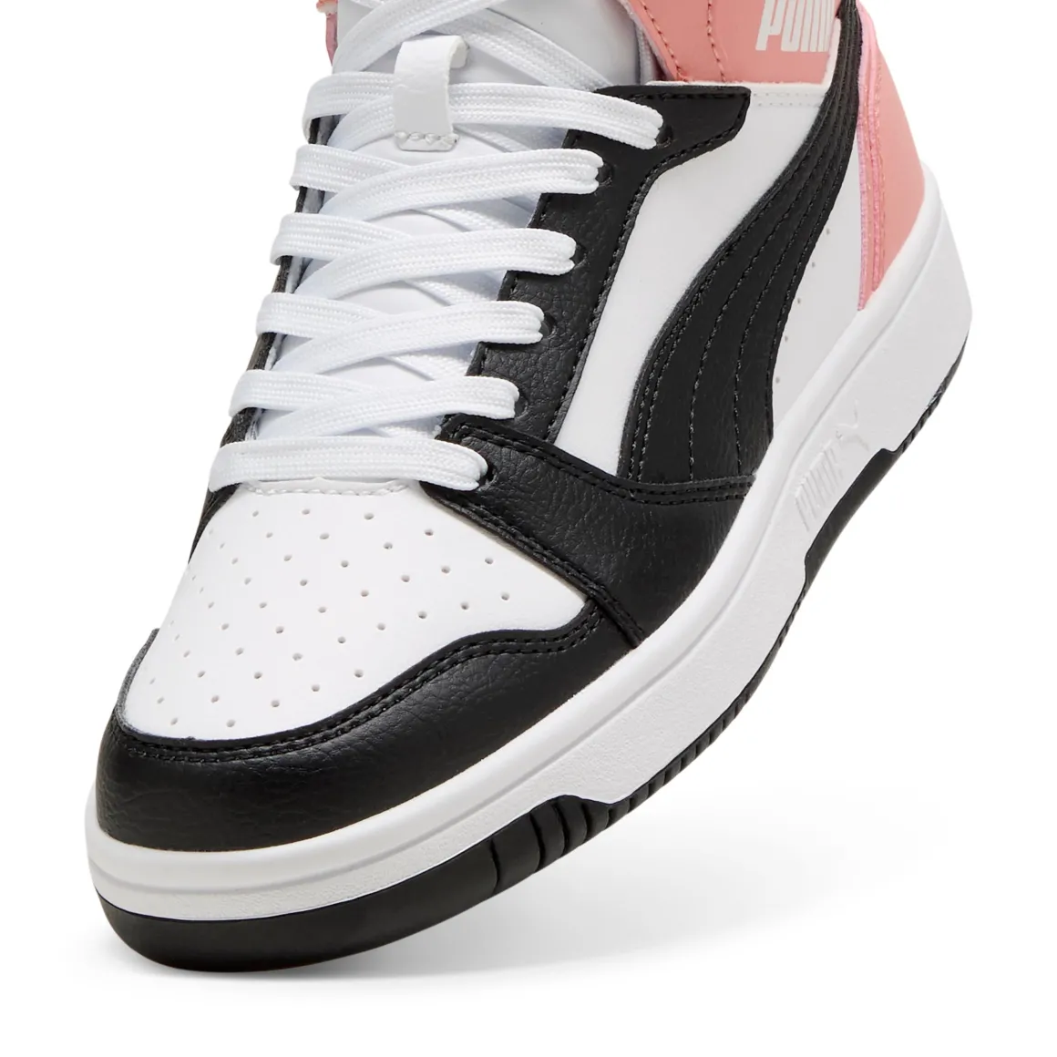 Sneakers alte da ragazza bianche con inserti neri e rosa Puma Rebound V6 Mid