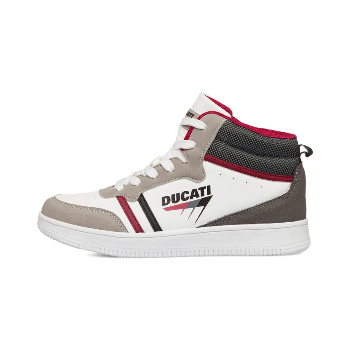 Sneakers alte da ragazzo bianche e beige con logo Ducati