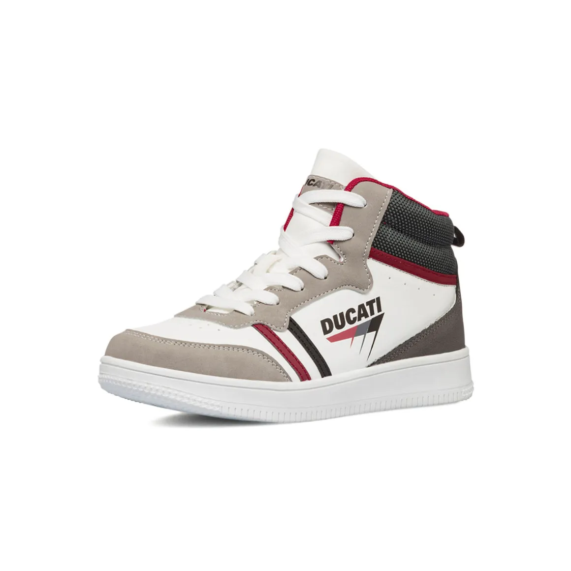 Sneakers alte da ragazzo bianche e beige con logo Ducati