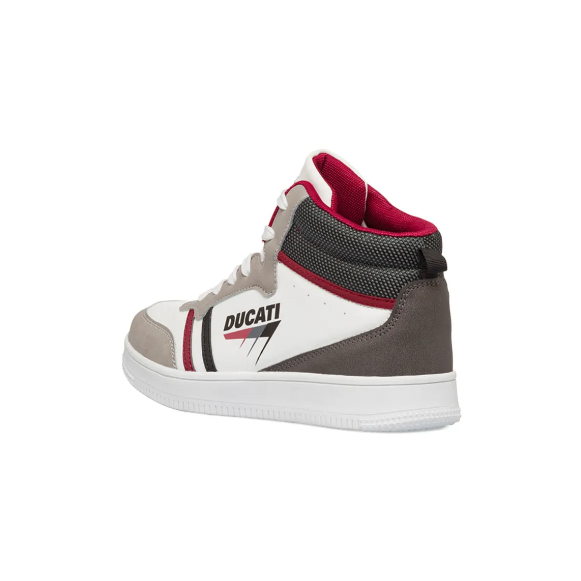 Sneakers alte da ragazzo bianche e beige con logo Ducati