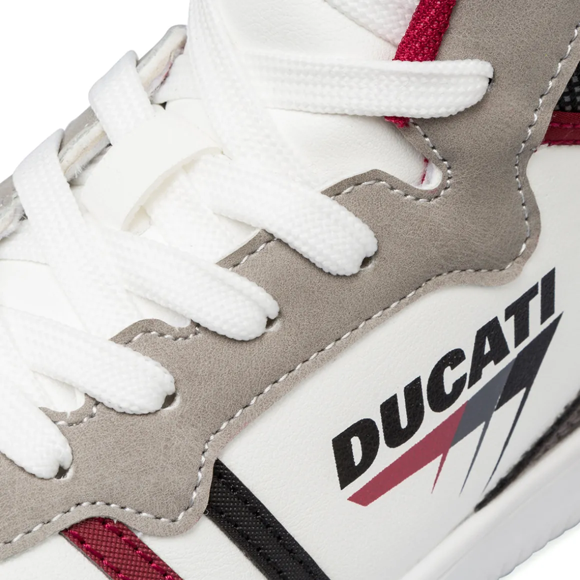 Sneakers alte da ragazzo bianche e beige con logo Ducati
