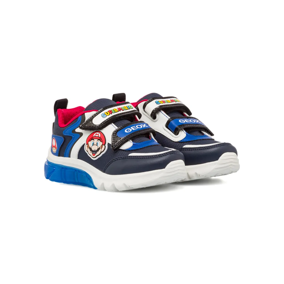 Sneakers bambino blu e nere con luci e logo Super Mario Geox