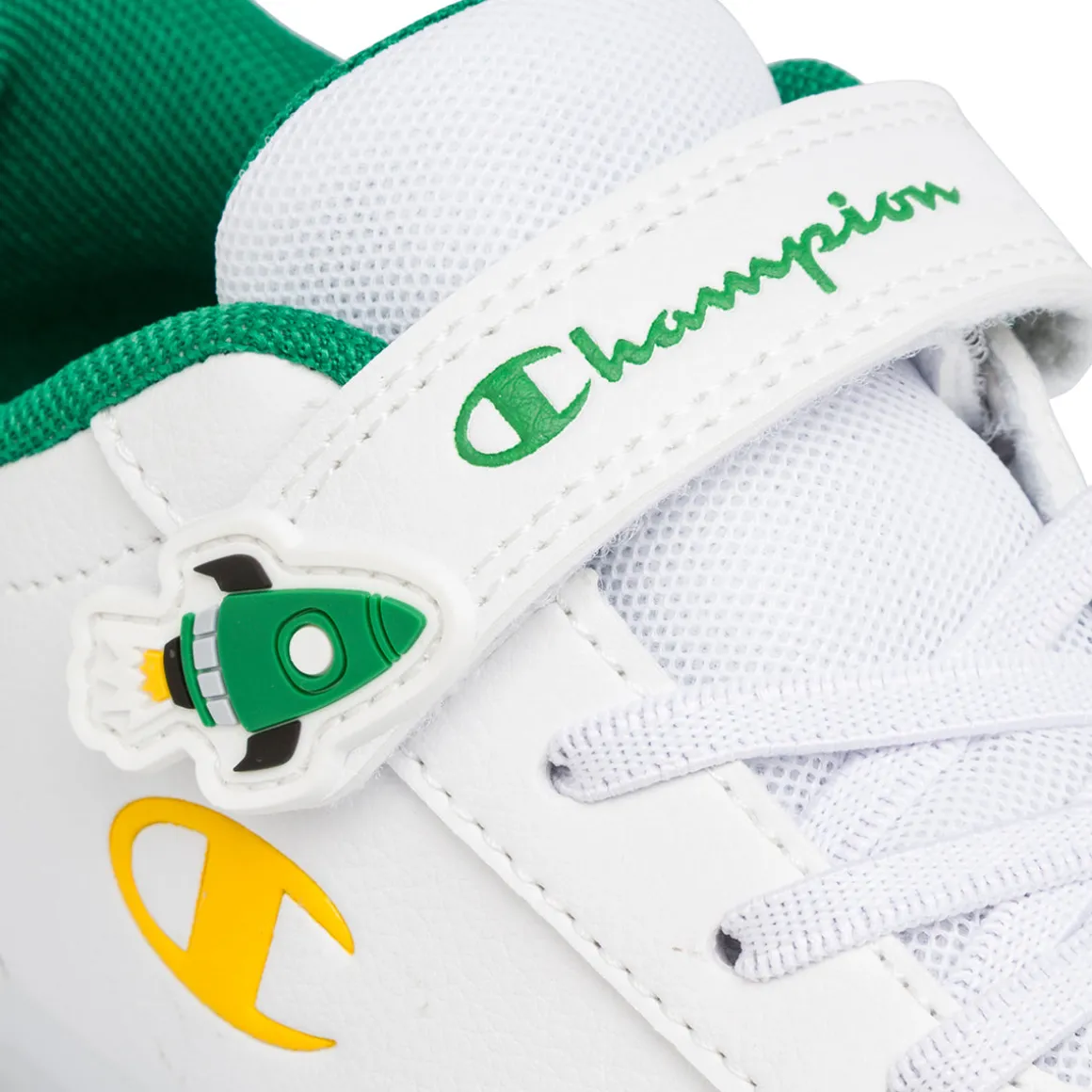 Sneakers bianche da bambino con luci nella suola e dettagli verdi e gialli Champion