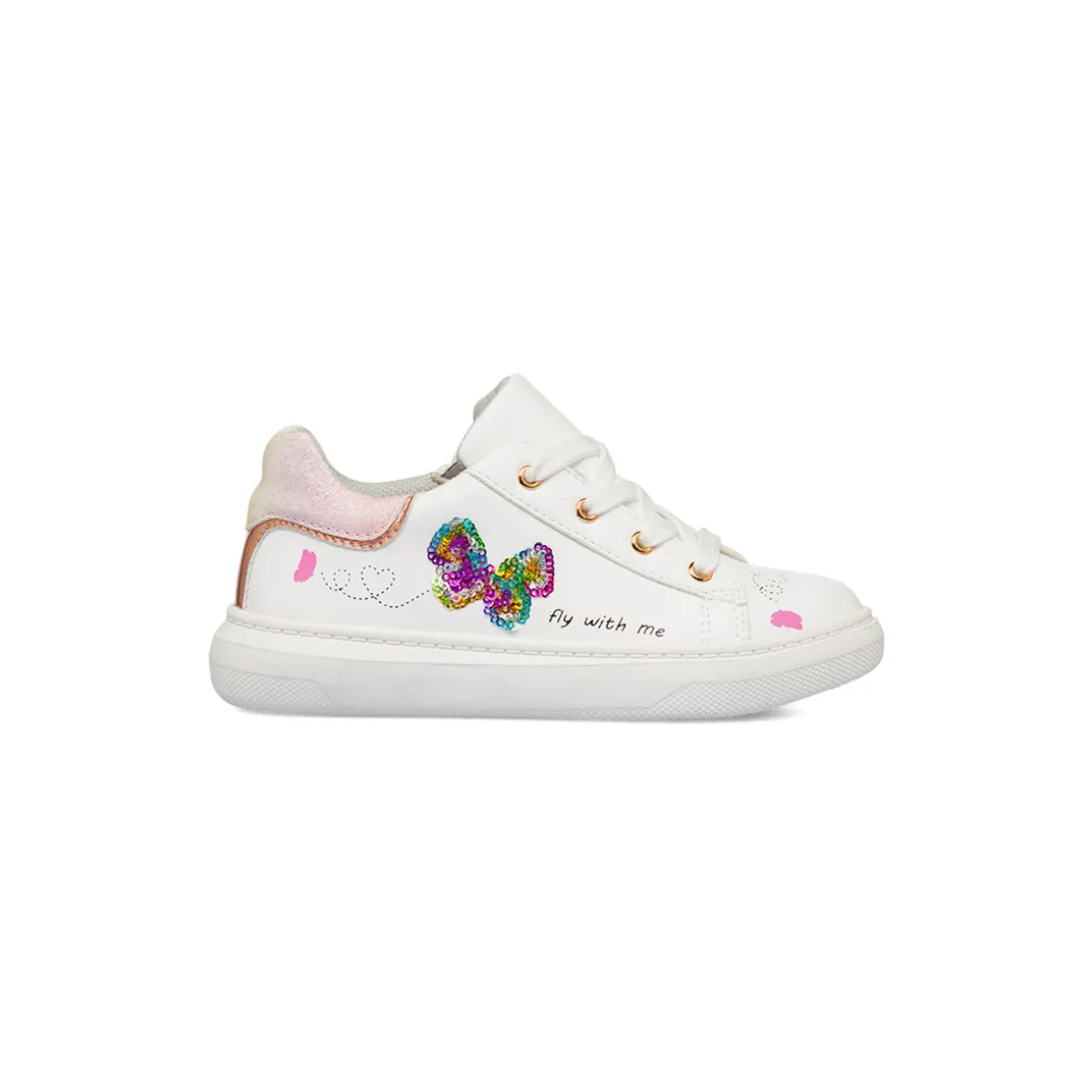 Sneakers bianche da bambina con dettagli glitter e farfalla con paillettes Le scarpe di Alice