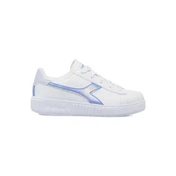 Sneakers bianche da bambina con logo azzurro iridescente Diadora