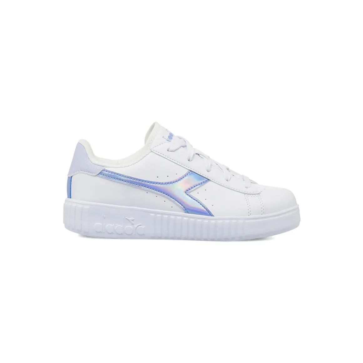 Sneakers bianche da bambina con logo azzurro iridescente Diadora