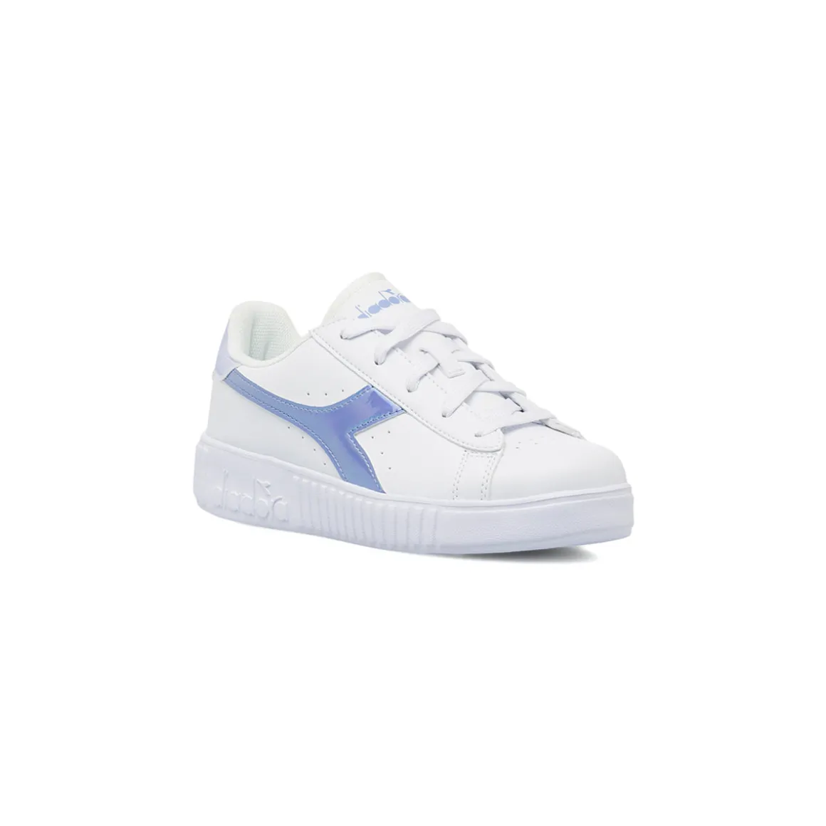 Sneakers bianche da bambina con logo azzurro iridescente Diadora