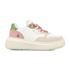 Sneakers bianche da donna con inserti beige e verde metallizzato Americanino