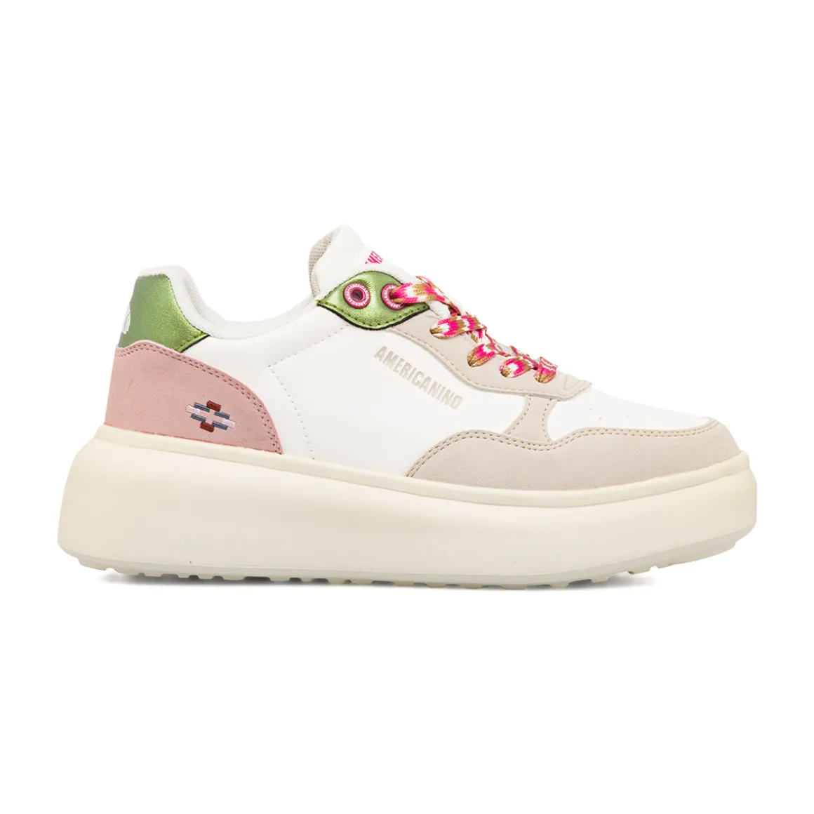 Sneakers bianche da donna con inserti beige e verde metallizzato Americanino