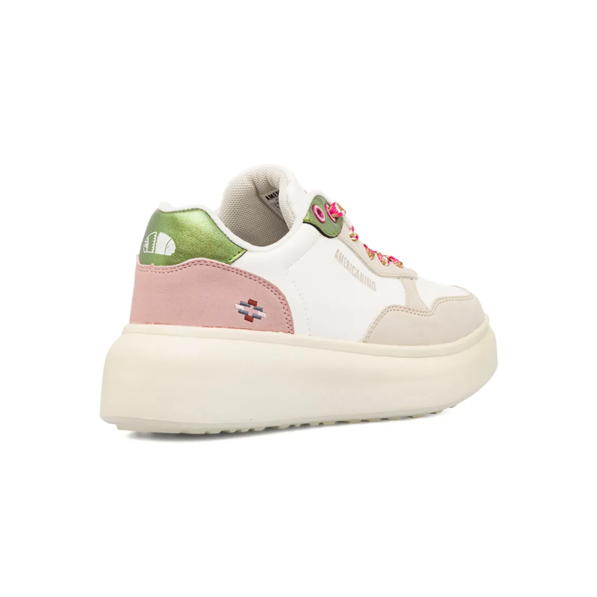 Sneakers bianche da donna con inserti beige e verde metallizzato Americanino