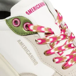 Sneakers bianche da donna con inserti beige e verde metallizzato Americanino
