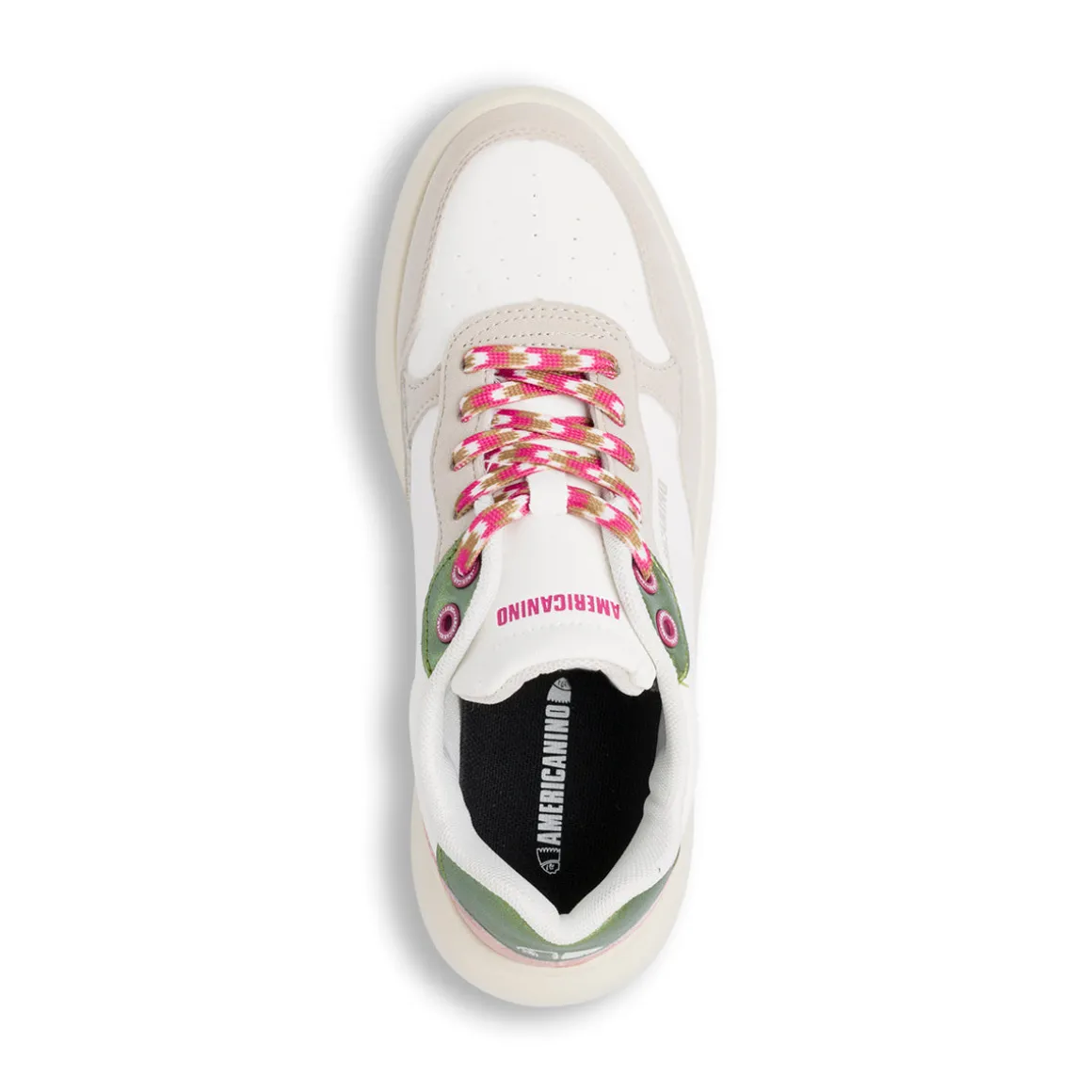 Sneakers bianche da donna con inserti beige e verde metallizzato Americanino