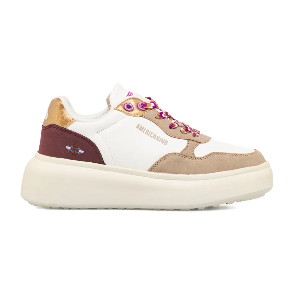 Sneakers bianche da donna con inserti marroni e metallizzati Americanino