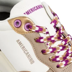 Sneakers bianche da donna con inserti marroni e metallizzati Americanino