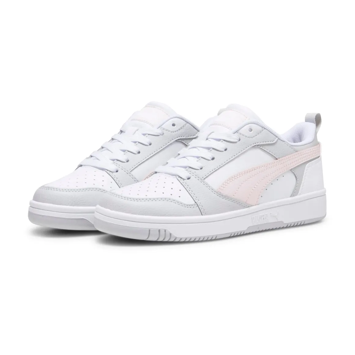 Sneakers bianche da ragazza con dettagli grigi e rosa e logo Puma Rebound V6