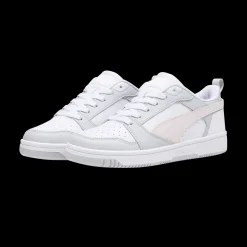Sneakers bianche da ragazza con dettagli grigi e rosa e logo Puma Rebound V6