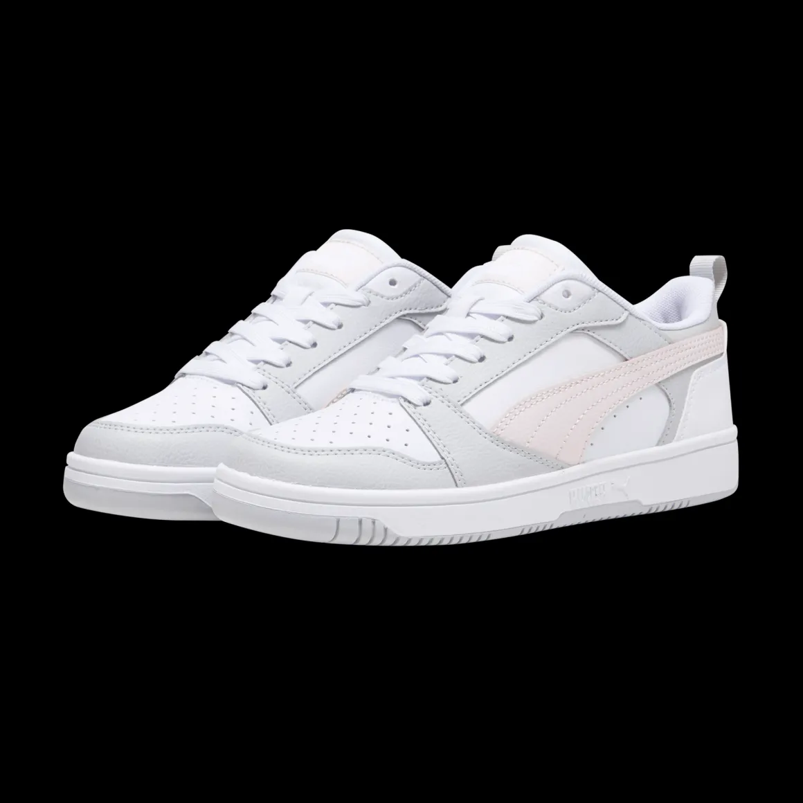 Sneakers bianche da ragazza con dettagli grigi e rosa e logo Puma Rebound V6