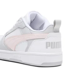 Sneakers bianche da ragazza con dettagli grigi e rosa e logo Puma Rebound V6
