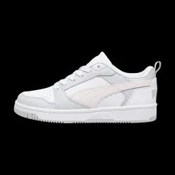Sneakers bianche da ragazza con dettagli grigi e rosa e logo Puma Rebound V6