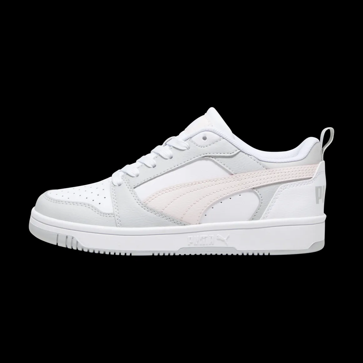 Sneakers bianche da ragazza con dettagli grigi e rosa e logo Puma Rebound V6