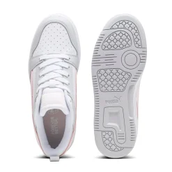 Sneakers bianche da ragazza con dettagli grigi e rosa e logo Puma Rebound V6
