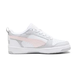 Sneakers bianche da ragazza con dettagli grigi e rosa e logo Puma Rebound V6