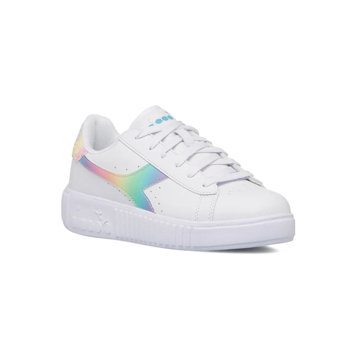 Sneakers bianche da ragazza con logo arcobaleno Diadora Game Step Bloom GS