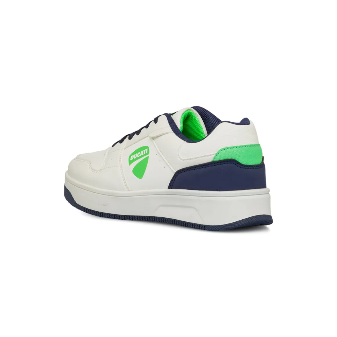 Sneakers bianche e blu da ragazzo con logo e dettagli verdi Ducati