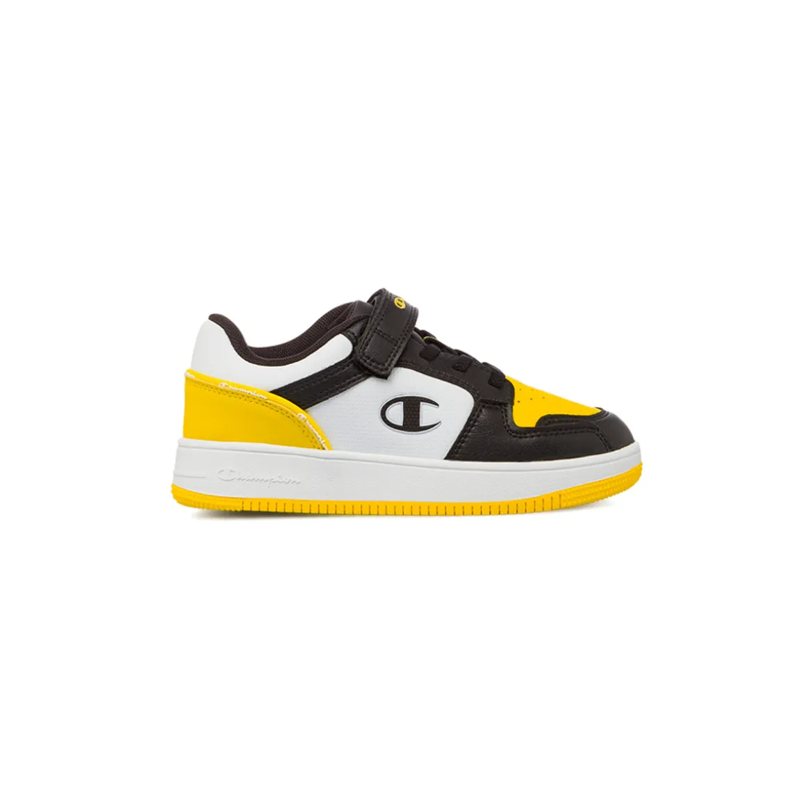 Sneakers bicolore bianco e nero con inserti gialli da Bambino Champion