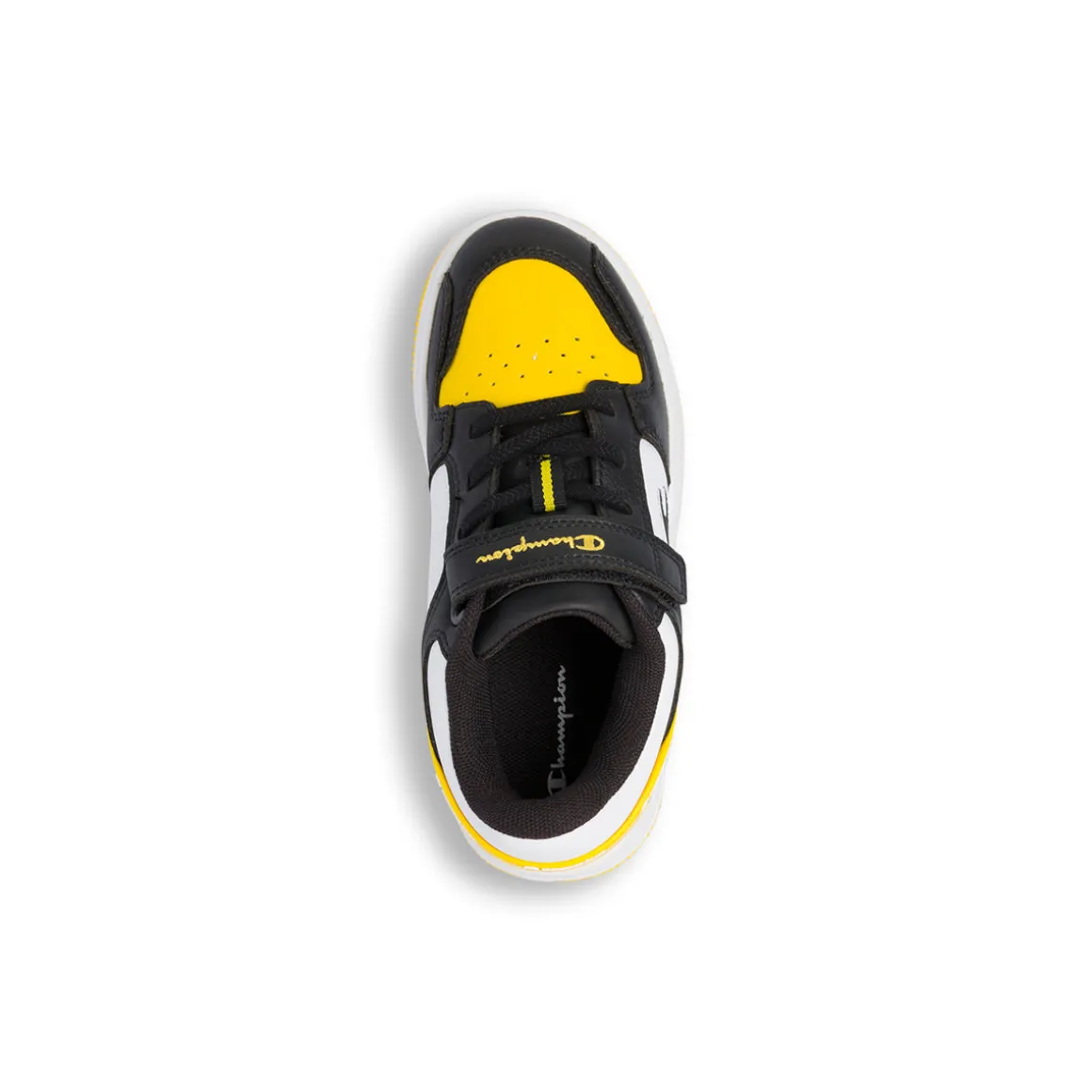 Sneakers bicolore bianco e nero con inserti gialli da Bambino Champion