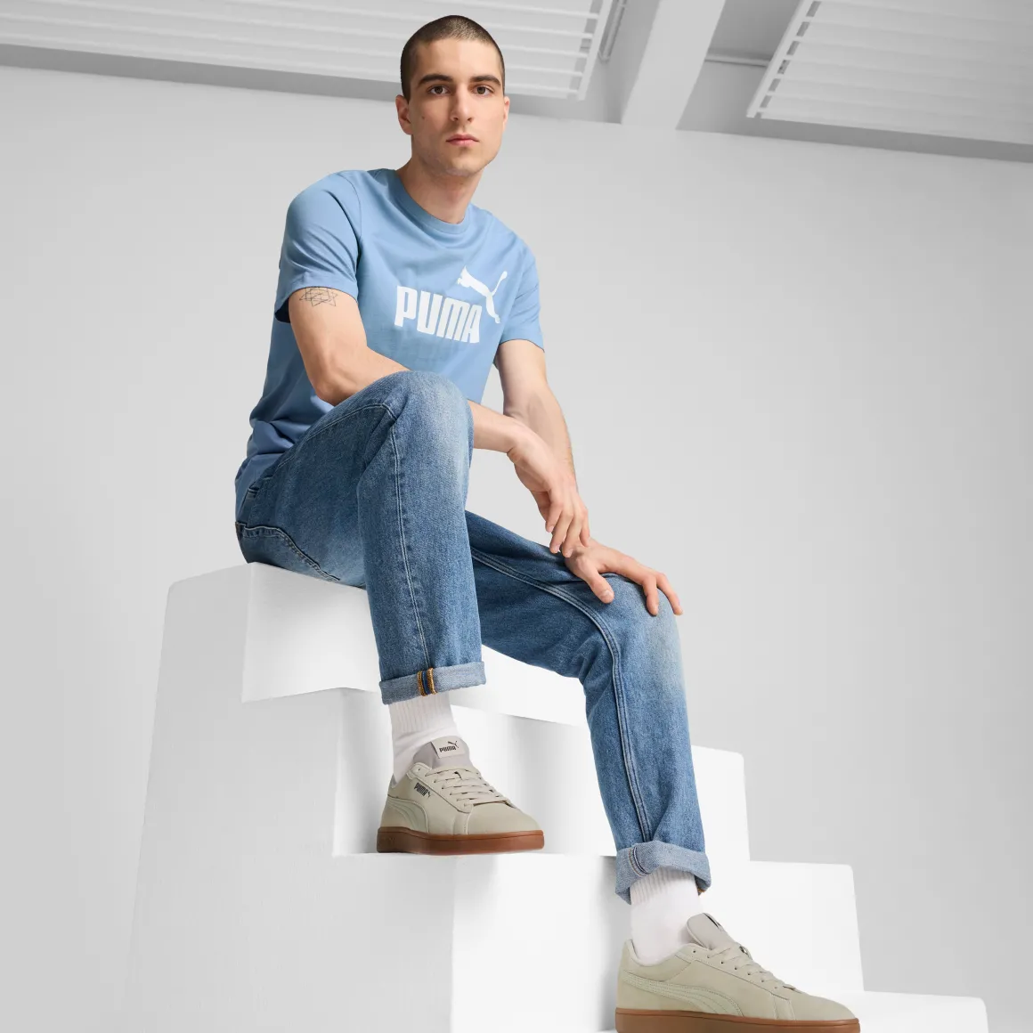 Sneakers casual da uomo in pelle scamosciata beige con logo Puma Smash 3.0