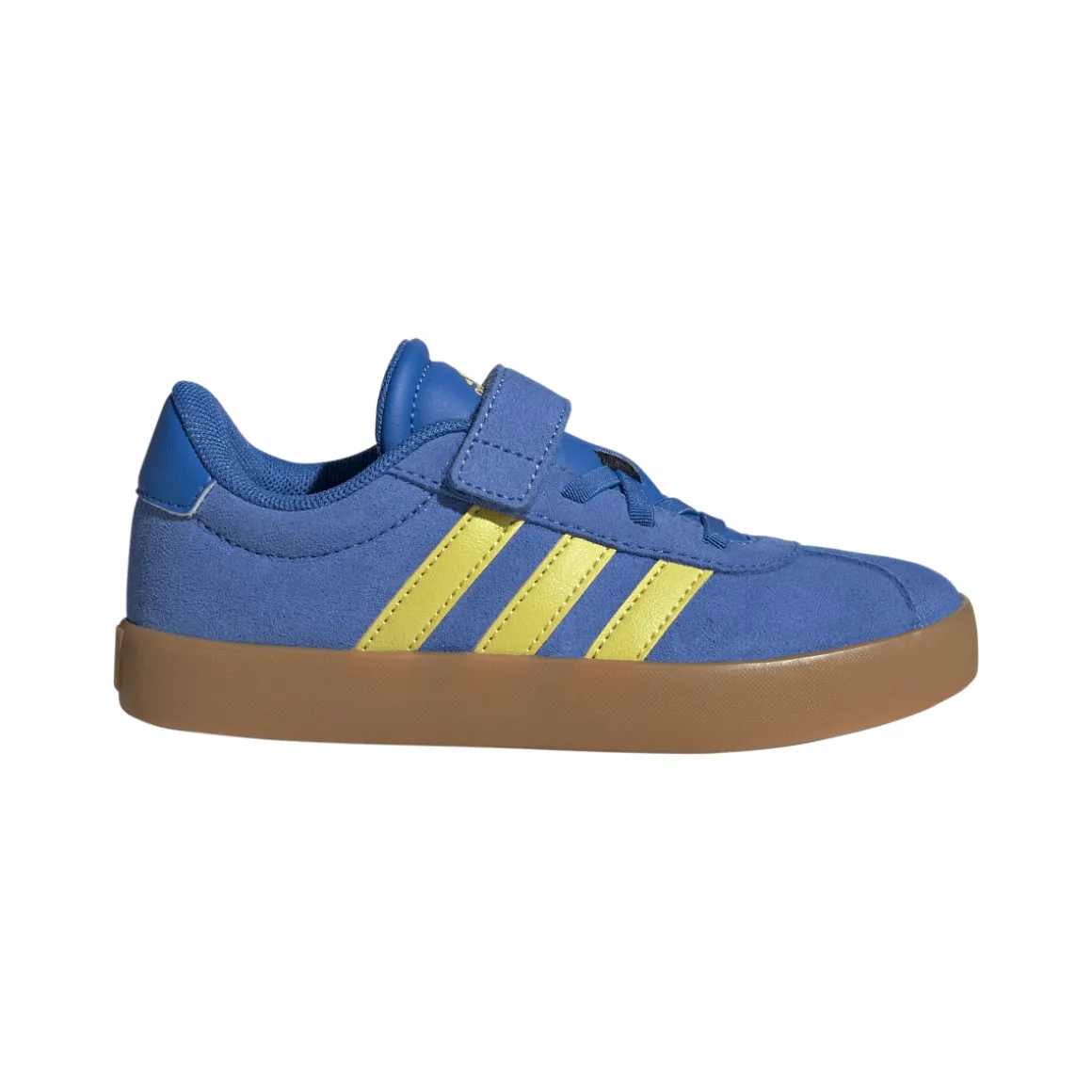 Sneakers da bambino e bambina in pelle effetto scamosciato blu e gialle adidas VL Court 2.0