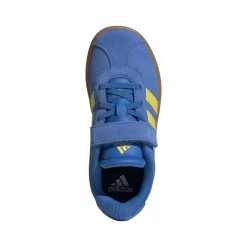 Sneakers da bambino e bambina in pelle effetto scamosciato blu e gialle adidas VL Court 2.0