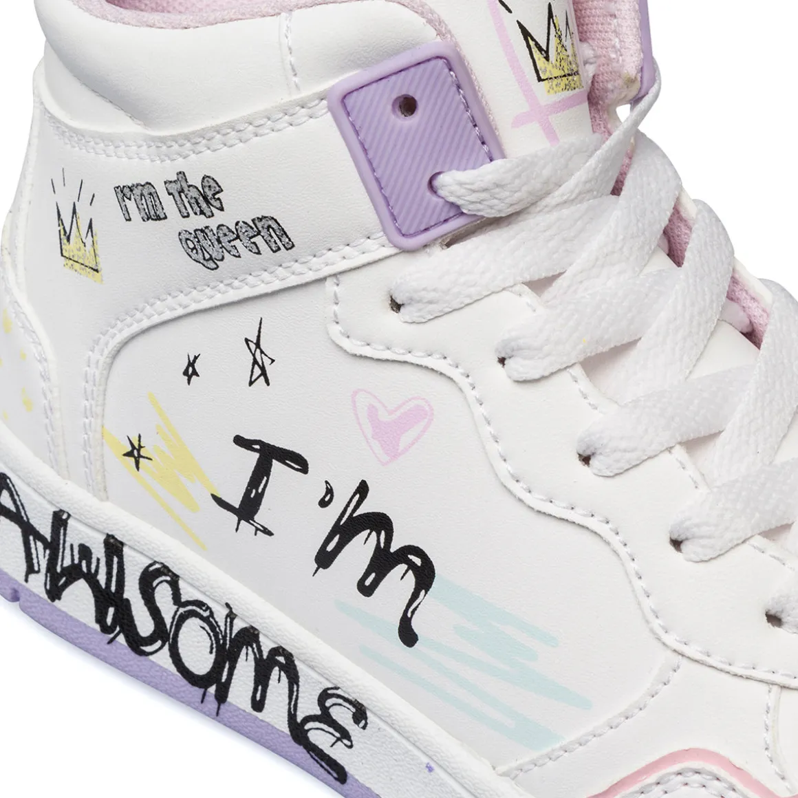 Sneakers da ragazza alte bianche e lilla con stampe Dieci Baci