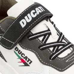 Sneakers da ragazzo bianche e grigie con logo Ducati