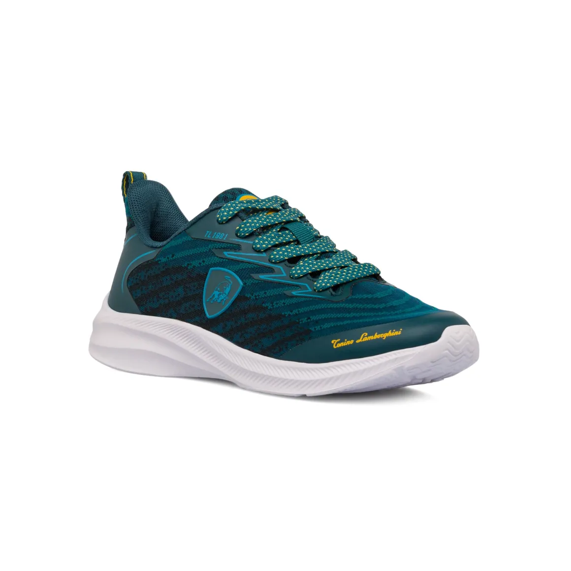 Sneakers da ragazzo blu ottanio e nere con dettagli gialli e logo Tonino Lamborghini