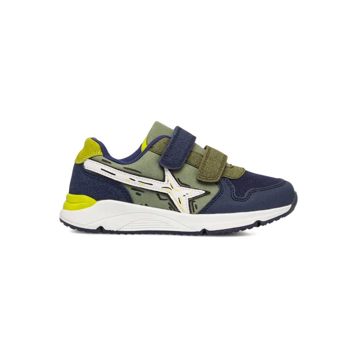 Sneakers da ragazzo verde militare e blu navy con dettagli bianchi e giallo lime Space Boy