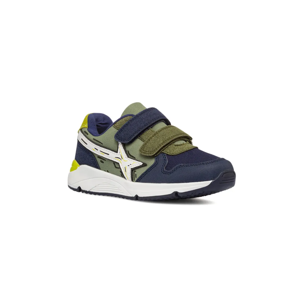 Sneakers da ragazzo verde militare e blu navy con dettagli bianchi e giallo lime Space Boy