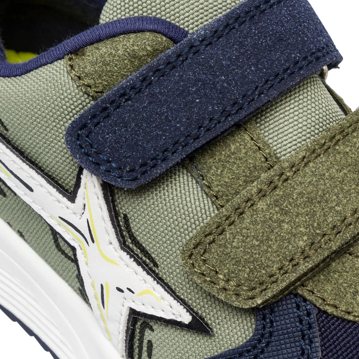 Sneakers da ragazzo verde militare e blu navy con dettagli bianchi e giallo lime Space Boy