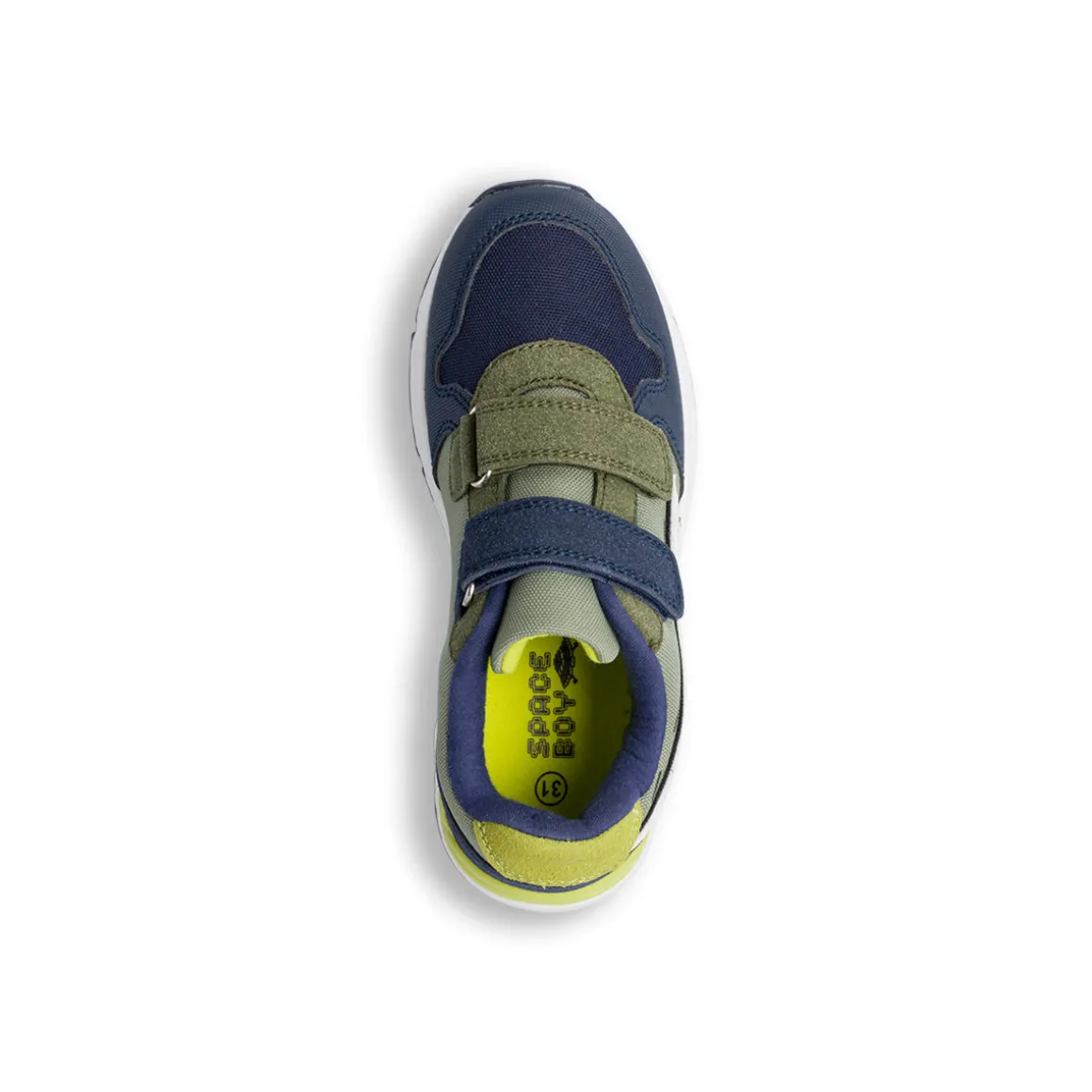 Sneakers da ragazzo verde militare e blu navy con dettagli bianchi e giallo lime Space Boy