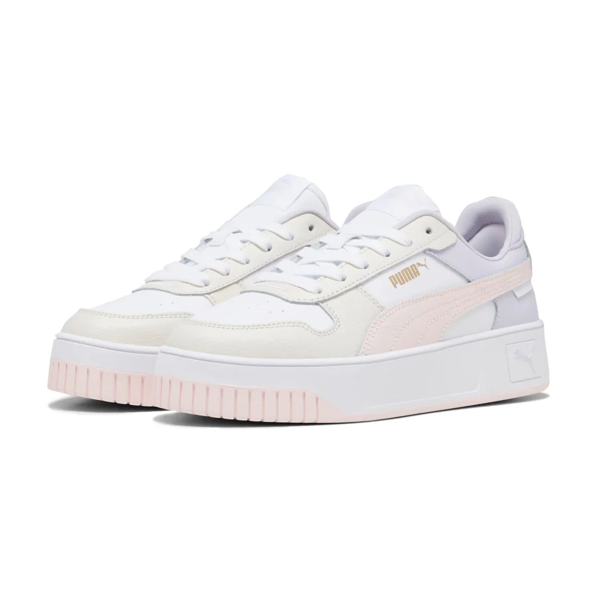 Sneakers platform casual da donna bianche con dettagli rosa e logo Puma Carina Street