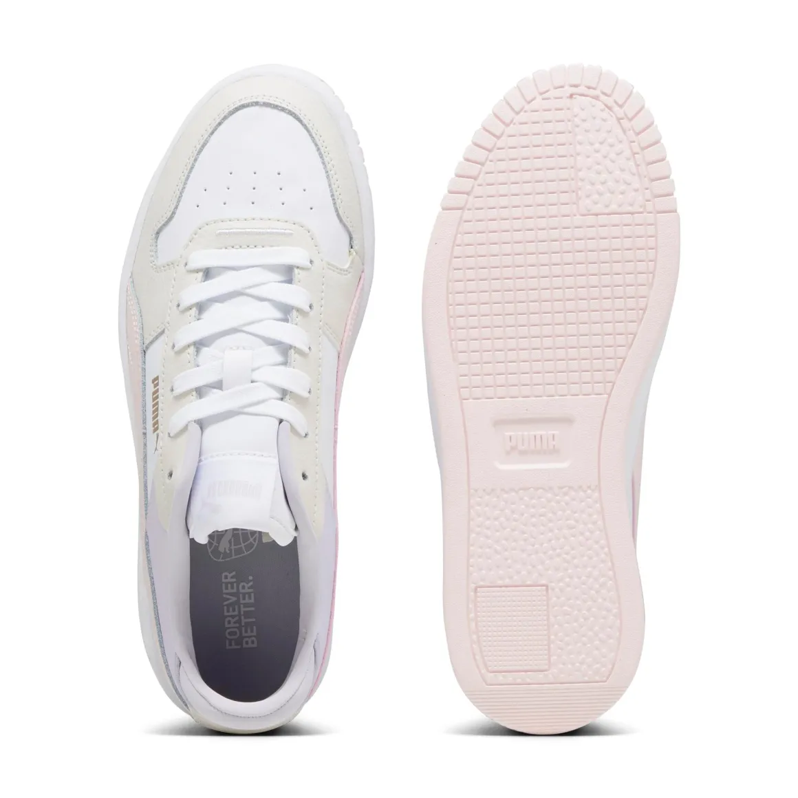 Sneakers platform casual da donna bianche con dettagli rosa e logo Puma Carina Street