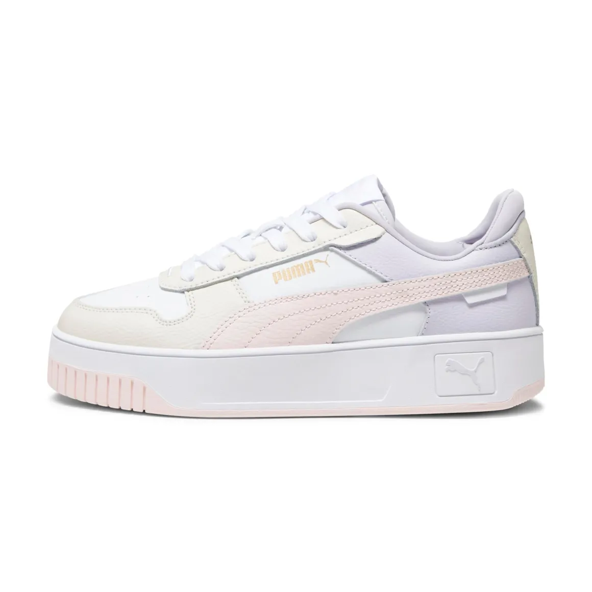 Sneakers platform casual da donna bianche con dettagli rosa e logo Puma Carina Street
