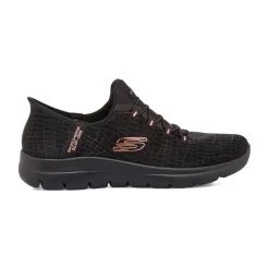Sneakers slip-on nere da donna con inserti rosa Skechers Summits