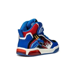 Sneakers traspiranti alte da Bambino blu con dinosauri e luci Geox