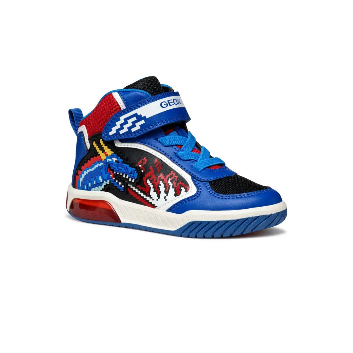 Sneakers traspiranti alte da Bambino blu con dinosauri e luci Geox