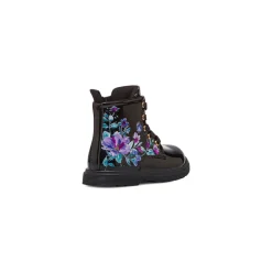 Stivaletti bambina neri effetto vernice con dettagli fiori Le Scarpe di Alice